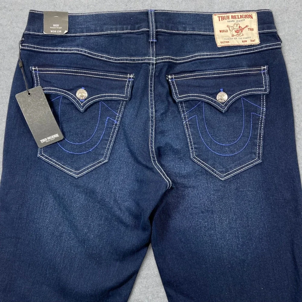 NEW True Religion Jeans Mens 34x34 Blue Denim Ricky Flap Distressed Straight Leg